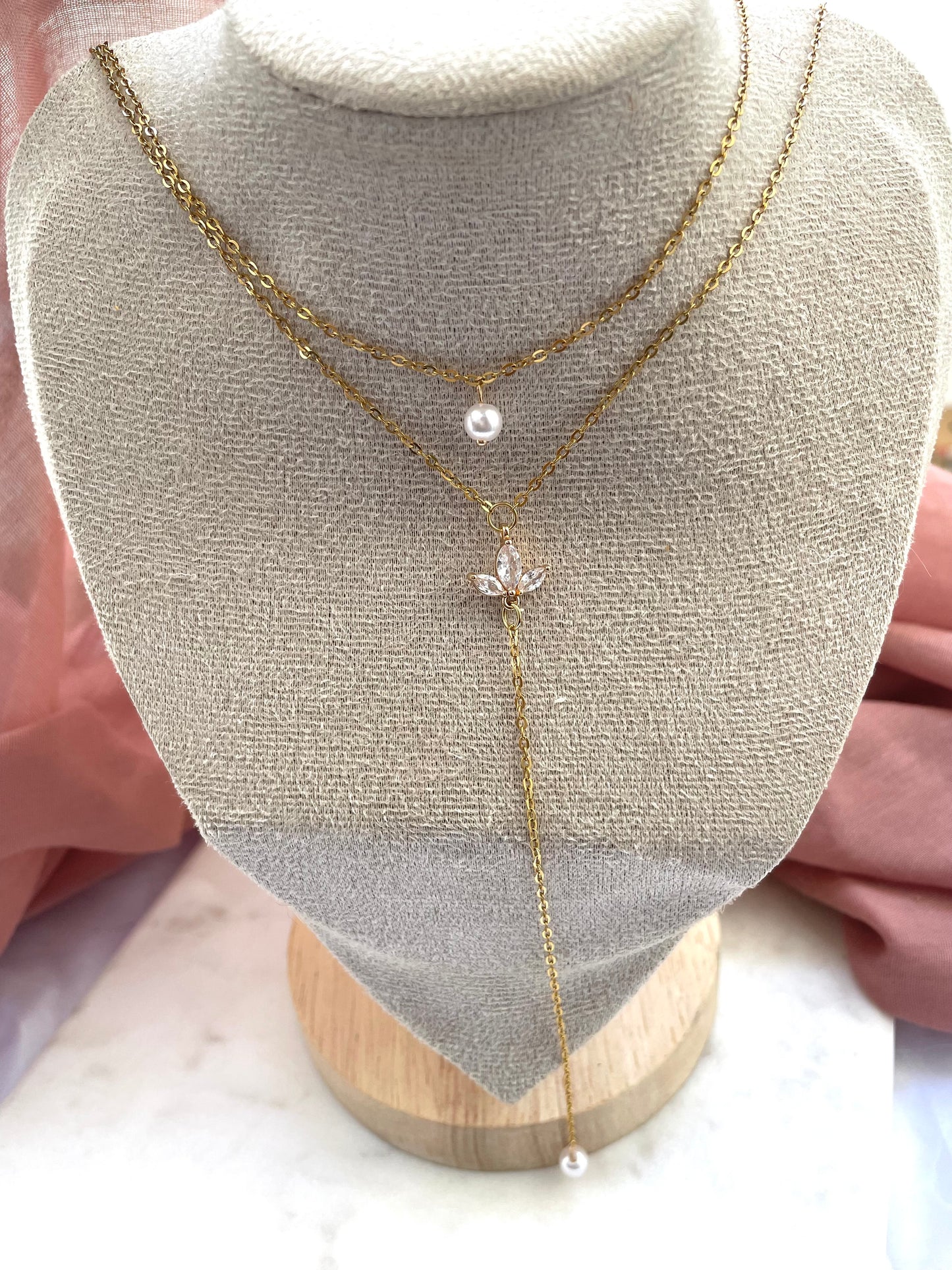 Collier double fleur zirconium