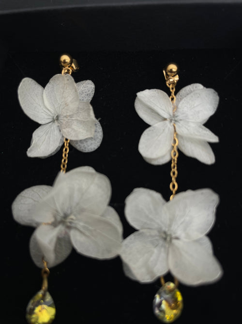 Boucle d’oreille double fleur et cristal - bleu pale