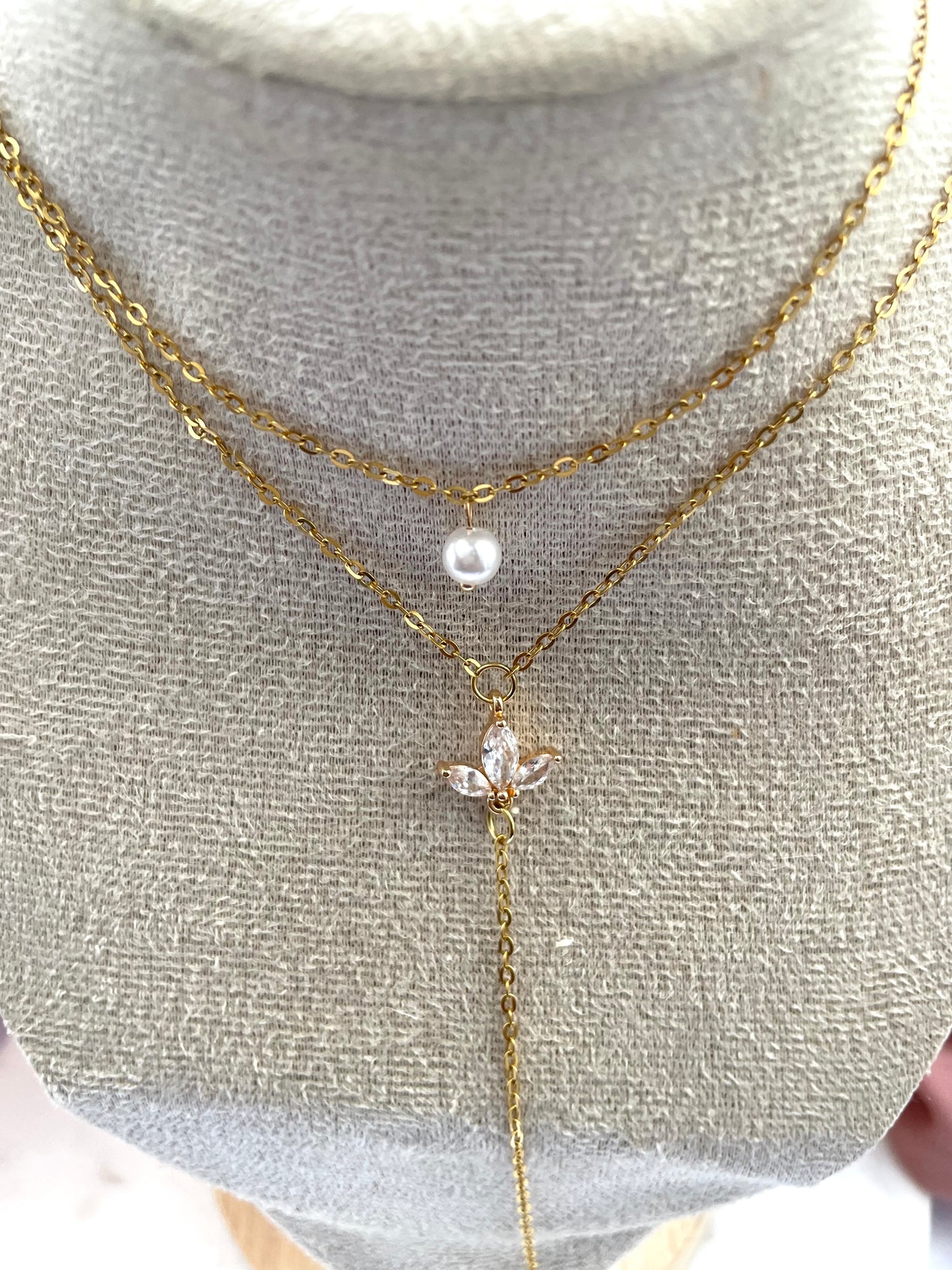 Collier double  fleur zirconium